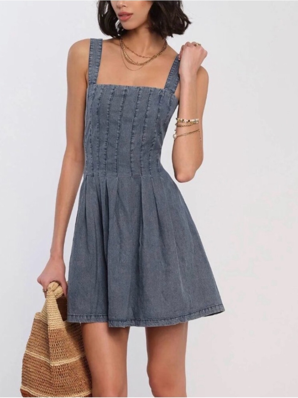 NWOT Heartloom Washed Blue Denim Square Neck dress size XS